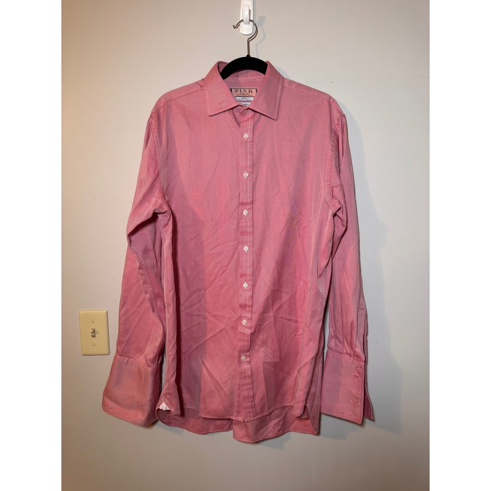 Thomas Pink Prestige Mens Dress Shirt 16.5 35 Pink Herringbone French Cuff UK
